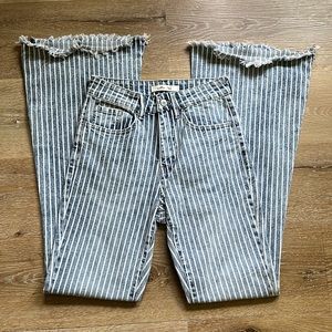 WOMENS HIGH RISE BLUE AND WHITE STRIPPED FLARE JEANS